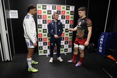140226 - Wales U20s v France U20s - U20s Six Nations Championship - Captains Marzullo Marceau of France and Deian Gwynne of Wales during the coin toss