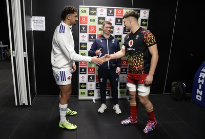 140226 - Wales U20s v France U20s - U20s Six Nations Championship - Captains Marzullo Marceau of France and Deian Gwynne of Wales during the coin toss