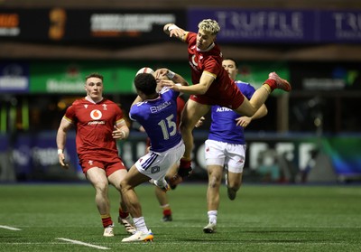 140226 - Wales U20s v France U20s - U20s Six Nations Championship - Evan Morris of Wales goes up for the ball