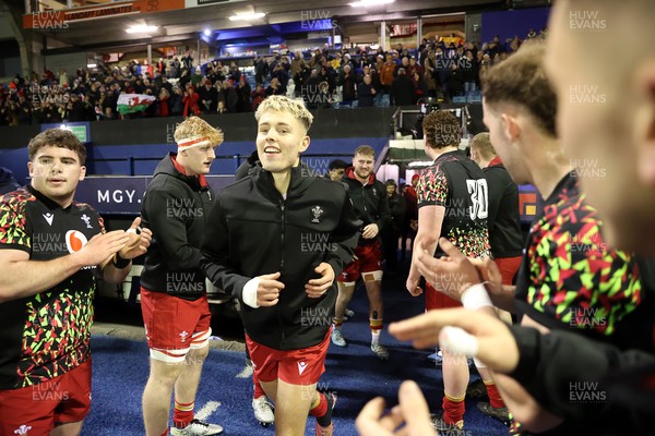 140226 - Wales U20s v France U20s - U20s Six Nations Championship - Evan Morris of Wales runs out onto the field