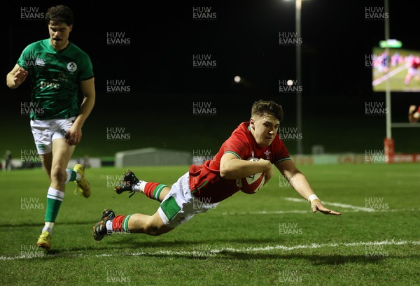 030223 - Wales U20s v Ireland U20s - U20s 6 Nations Championship - Llien Morgan of Wales dives over the line to score a try