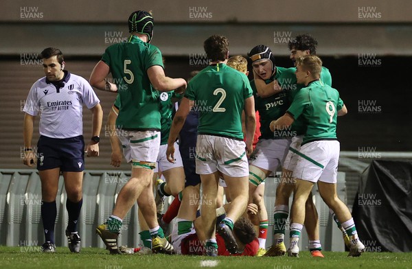 030223 - Wales U20s v Ireland U20s - U20s 6 Nations Championship - Ruadhan Quinn of Ireland celebrates scoring a try