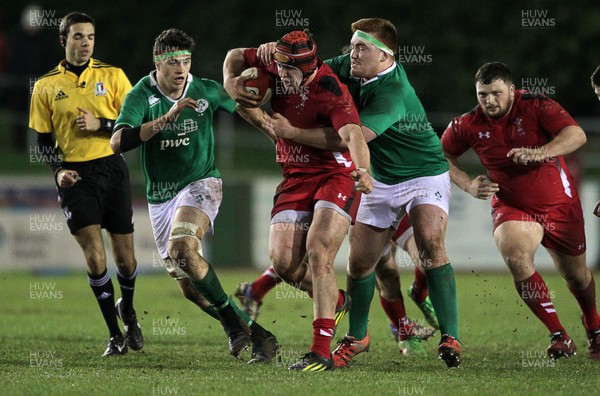 130315 - Wales U20s v Ireland U20s - RBS 6 Nations - Ryan Elias of Wales is tackled by Oisin Heffernan of Ireland