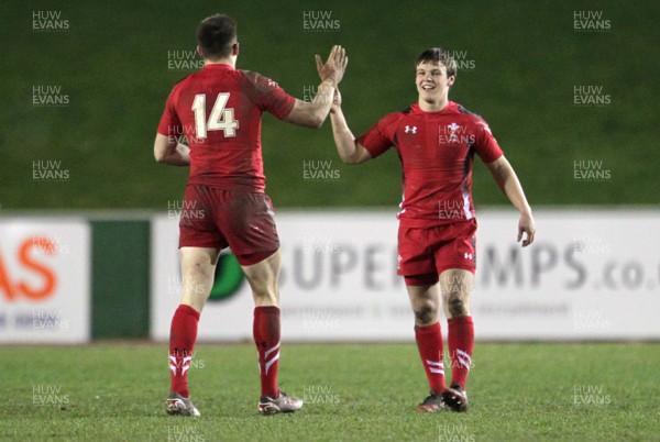 130315 - Wales U20s v Ireland U20s - RBS 6 Nations - Jarrod Evans celebrates with Joshua Adams of Wales