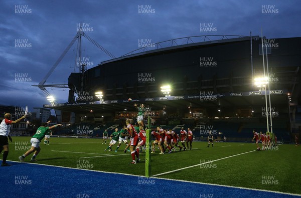 250621 - Wales U20s v Ireland U20s - U20s 6 Nations Championship - A general view of the Cardiff Arms Park as Harry Sheridan of Ireland wins the line out