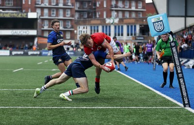 130625 - Wales U20s v Italy U20s - Friendly - Aidan Boshoff of Wales leaps over the line to score a try