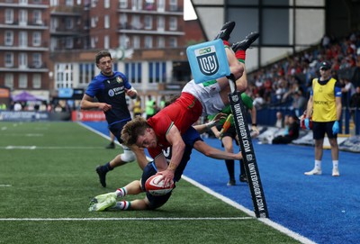 130625 - Wales U20s v Italy U20s - Friendly - Aidan Boshoff of Wales leaps over the line to score a try