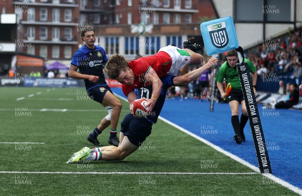 130625 - Wales U20s v Italy U20s - Friendly - Aidan Boshoff of Wales leaps over the line to score a try