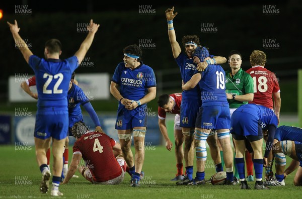 310120 - Wales U20s v Italy U20s - U20s 6 Nations Championship - Riccardo Favretto of Italy celebrates with team mates at full time as Italy win the game