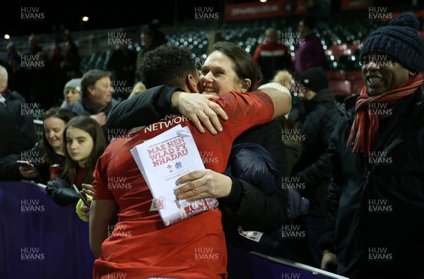 020218 - Wales U20s v Scotland U20s - Natwest 6 Nations - Taine Basham of Wales hugs his family at full time