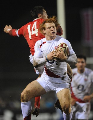 13.02.09 - Wales U20 v England U20 - Under 20 Six Nations 2009 - England's Will Hurrell beats Wales' Kristian Phillips to high ball. 