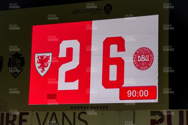 080925 - Wales U21 v Denmark U21 - 2027 UEFA U21 EURO Qualifying - The LED screen displays the final score of Wales 2-6 Denmark