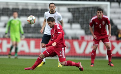 190514 - Wales U21 v England U21 - UEFA Under 21 Qualifying Match - Josh Pritchard of Wales heads the ball 