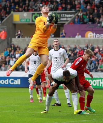 190514 - Wales U21 v England U21 - UEFA Under 21 Qualifying Match - Jack Butland of England saves a Welsh corner 