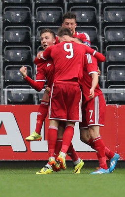 190514 - Wales v England, UEFA Under 21 Qualifying Match, Liberty Stadium, Swansea - WAles celebrate after Gwion Edwards scores goal
