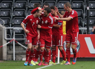 190514 - Wales v England, UEFA Under 21 Qualifying Match, Liberty Stadium, Swansea - WAles celebrate after Gwion Edwards scores goal