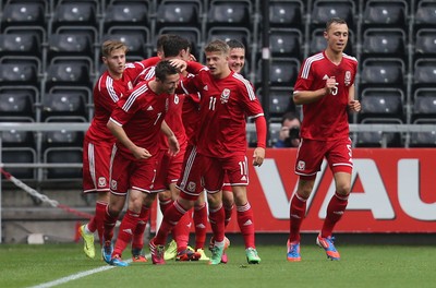 190514 - Wales v England, UEFA Under 21 Qualifying Match, Liberty Stadium, Swansea - WAles celebrate after Gwion Edwards scores goal