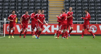 190514 - Wales v England, UEFA Under 21 Qualifying Match, Liberty Stadium, Swansea - WAles celebrate after Gwion Edwards scores goal