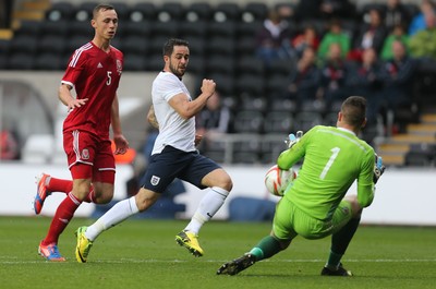 190514 - Wales v England, UEFA Under 21 Qualifying Match, Liberty Stadium, Swansea - Wales' Connor Roberts saves from England's James Ward-Prowse