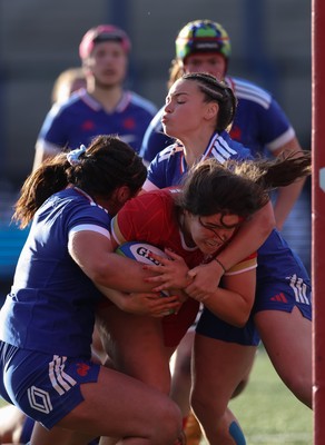 180426 - Wales U21 v France U21, Women's Under-21 Six Nations Summer Series - Gwennan Hopkins of Wales is held just short of the line