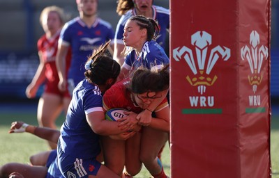 180426 - Wales U21 v France U21, Women's Under-21 Six Nations Summer Series - Gwennan Hopkins of Wales is held just short of the line