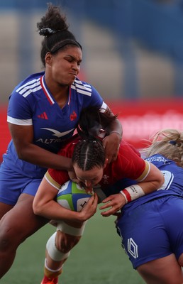 180426 - Wales U21 v France U21, Women's Under-21 Six Nations Summer Series - Sian Jones of Wales is tackled short of the line