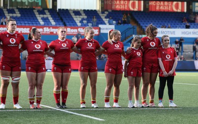 180426 - Wales U21 v France U21, Women's Under-21 Six Nations Summer Series - The Wales team line up for the anthems