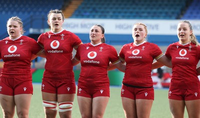 180426 - Wales U21 v France U21, Women's Under-21 Six Nations Summer Series - The Wales team line up for the anthems
