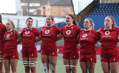 180426 - Wales U21 v France U21, Women's Under-21 Six Nations Summer Series - The Wales team line up for the anthems