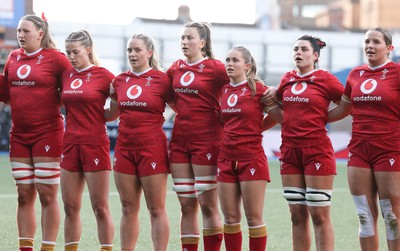 180426 - Wales U21 v France U21, Women's Under-21 Six Nations Summer Series - The Wales team line up for the anthems