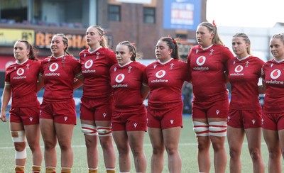 180426 - Wales U21 v France U21, Women's Under-21 Six Nations Summer Series - The Wales team line up for the anthems