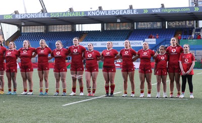 180426 - Wales U21 v France U21, Women's Under-21 Six Nations Summer Series - The Wales team line up for the anthems