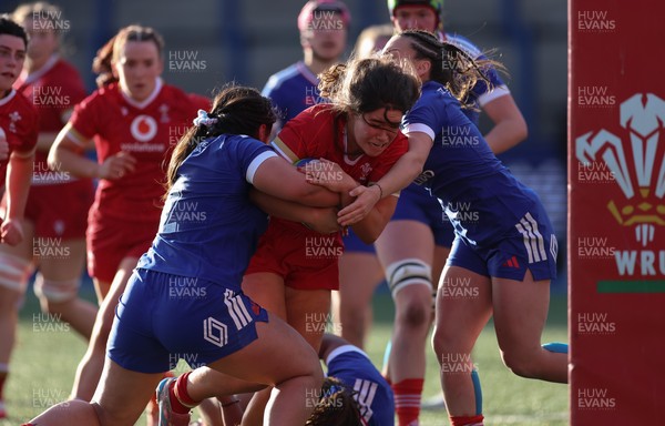 180426 - Wales U21 v France U21, Women's Under-21 Six Nations Summer Series - Gwennan Hopkins of Wales is held just short of the line