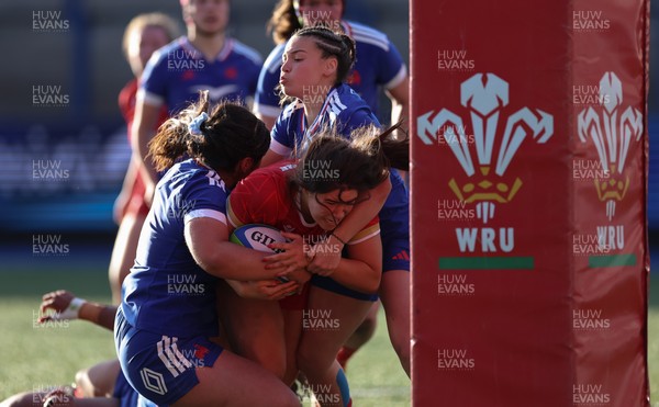 180426 - Wales U21 v France U21, Women's Under-21 Six Nations Summer Series - Gwennan Hopkins of Wales is held just short of the line