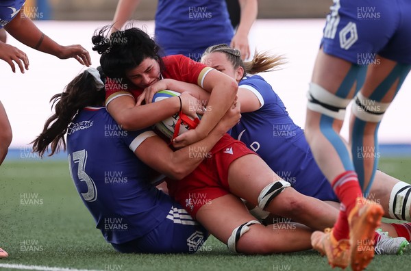 180426 - Wales U21 v France U21, Women's Under-21 Six Nations Summer Series - Lily Terry of Wales is held