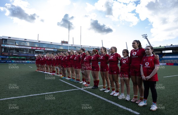 180426 - Wales U21 v France U21, Women's Under-21 Six Nations Summer Series - The Wales team line up for the anthems