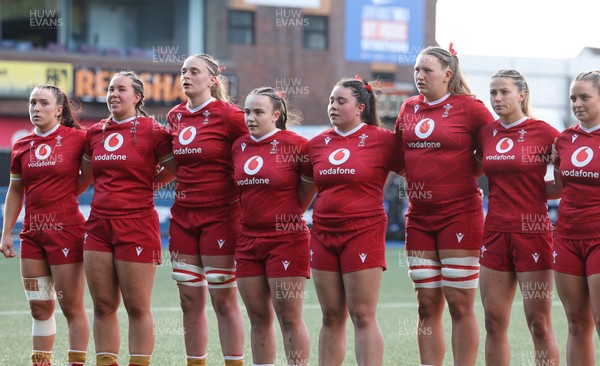 180426 - Wales U21 v France U21, Women's Under-21 Six Nations Summer Series - The Wales team line up for the anthems