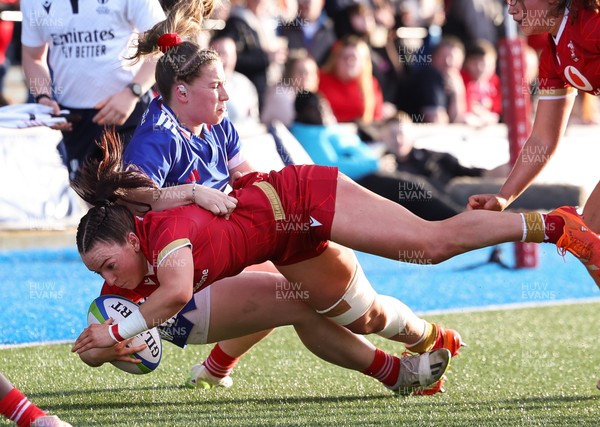 180426 - Wales U21 v France U21, Women's Under-21 Six Nations Summer Series - Sian Jones of Wales is tackled short of the line