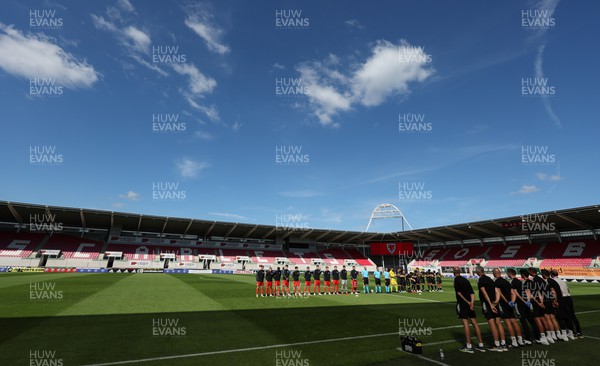 140622 - Wales U21 v Gibraltar U21, Under 21 European Championship Qualifying - The teams line up for the National Anthems at the start of the match