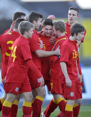060213 - Wales v Iceland - Friendly U21 International  -  Wes Burns of Wales', centre, celebrates his goal 