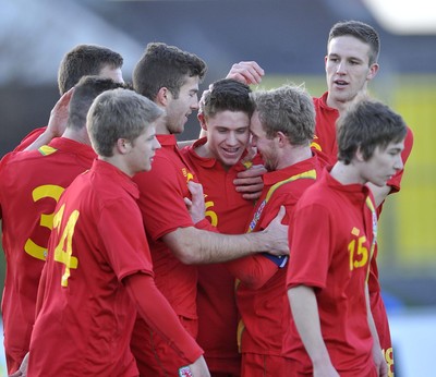 060213 - Wales v Iceland - Friendly U21 International  -  Wes Burns of Wales', centre, celebrates his goal 