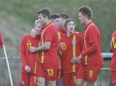 060213 - Wales v Iceland - Friendly U21 International  -  Jonathan Williams of Wales', left, celebrates his goal with Jonathan Meades (13)