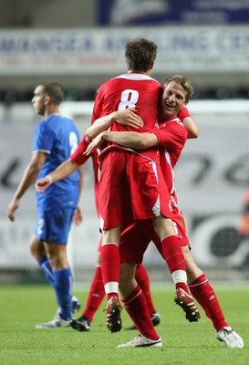 04.09.09 - Wales U21 v Italy U21, UEFA Under 21 Championship 2011 -  Wales' Aaron Ramsey celebrates with Christian Ribeiro after the win over Italy 