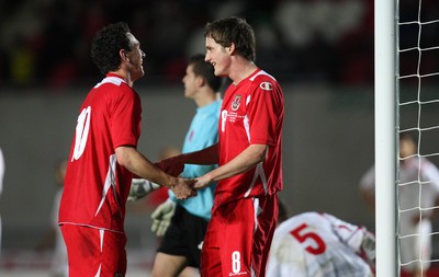 31.03.09 - Wales U21v Luxembourg U21, UEFA Under 21 Championship 2011, Llanelli -  Wales' Andy King is congratulated by Jonathan Brown after heads he scores Wales' third goal   