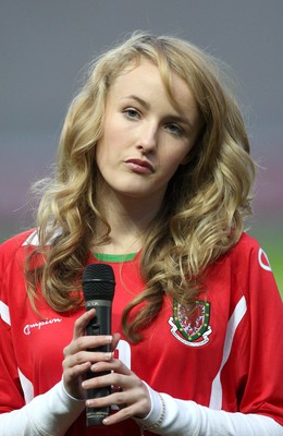 31.03.09 - Wales U21v Luxembourg U21, UEFA Under 21 Championship 2011, Llanelli -  Singer Annelies sings the Welsh National Anthem  