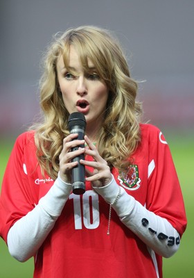 31.03.09 - Wales U21v Luxembourg U21, UEFA Under 21 Championship 2011, Llanelli -  Singer Annelies sings the Welsh National Anthem  