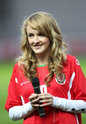 31.03.09 - Wales U21v Luxembourg U21, UEFA Under 21 Championship 2011, Llanelli -  Singer Annelies sings the Welsh National Anthem  