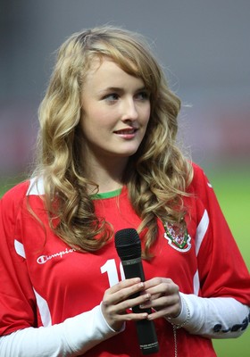 31.03.09 - Wales U21v Luxembourg U21, UEFA Under 21 Championship 2011, Llanelli -  Singer Annelies sings the Welsh National Anthem  
