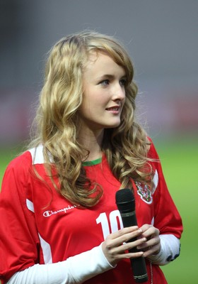 31.03.09 - Wales U21v Luxembourg U21, UEFA Under 21 Championship 2011, Llanelli -  Singer Annelies sings the Welsh National Anthem  