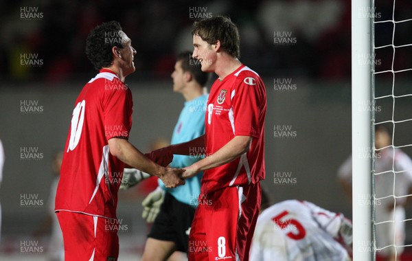 31.03.09 - Wales U21v Luxembourg U21, UEFA Under 21 Championship 2011, Llanelli -  Wales' Andy King is congratulated by Jonathan Brown after heads he scores Wales' third goal   